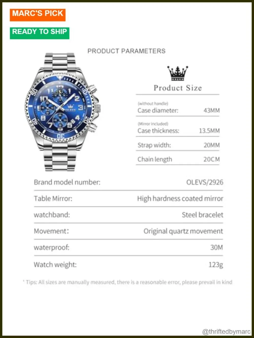 Men's Stainless Steel Watch Quartz Movement Chronograph Waterproof